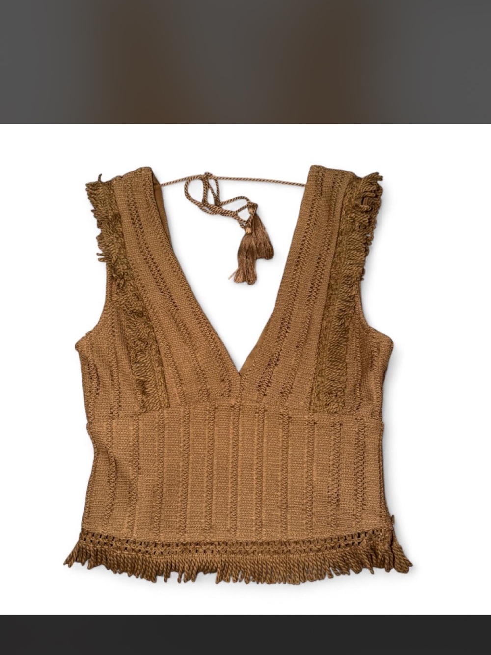 Brown Crochet V-Neck Fringe Tank Top
